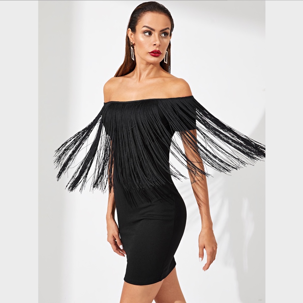 Off Shoulder Fringe Detail Bodycon Dress Black - Picture 2 of 8